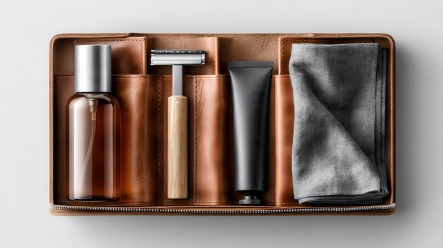 Grooming kit in leather bag isolated on white background. Travel set.