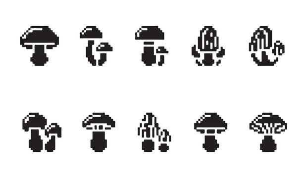 Mushroom pixel art icon set, vector illustration of fungi in retro game style, 8-bit graphics.