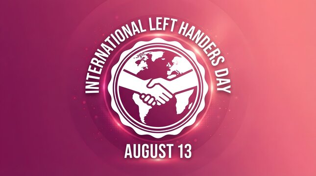International left handers day august 13 banner with a handshake icon over a world map globe on a pink gradient background
