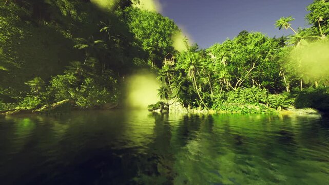 eco tourism mangrove bay with reflections, sustainable travel messaging, educational signage potential, gentle ripples and lush canopy indicating healthy
