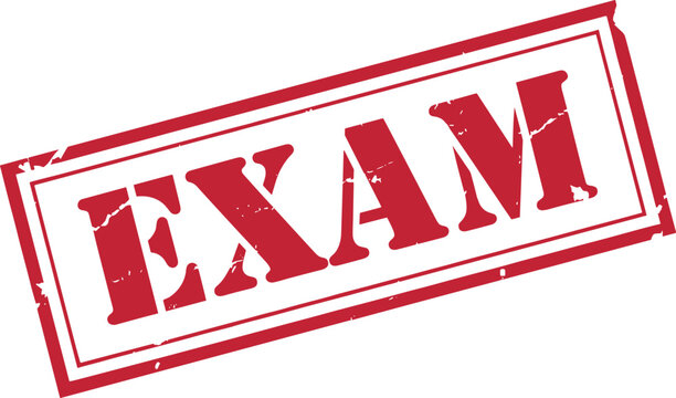 Exam rubber stamp, vector illustration of a red grunge print on white background, angled and distressed