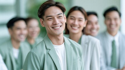 Fototapeta premium Happy young asian businessman smiling with diverse corporate team in the background