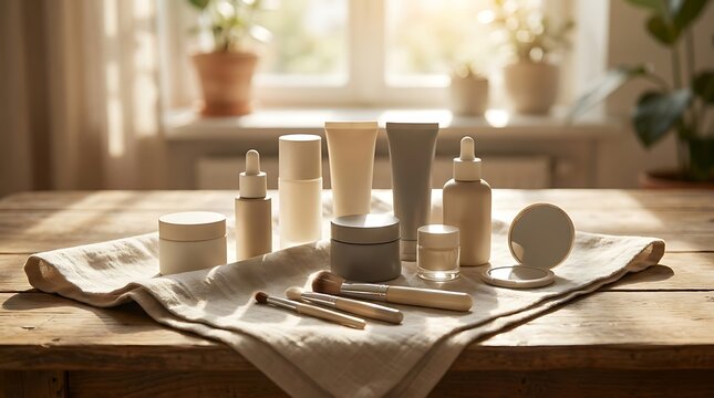 Natural skincare products and makeup brushes on a wooden table in a sunny room. everyday glam for beginners 