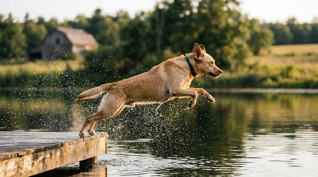 Golden Labrador retriever leaping from wooden dock into a rural lake with farm buildings in background