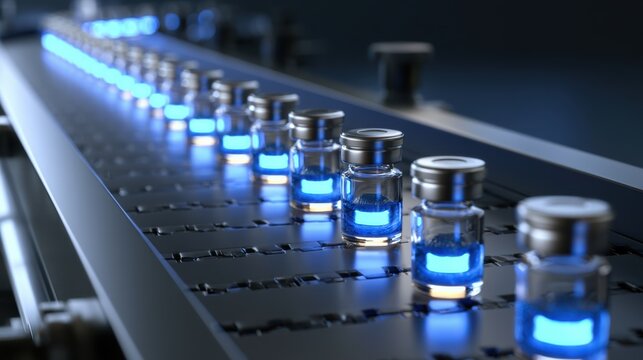 Close-up of laboratory glass vial with glowing blue liquid on automated conveyor belt in modern pharmaceutical production facility, futuristic sterile environment