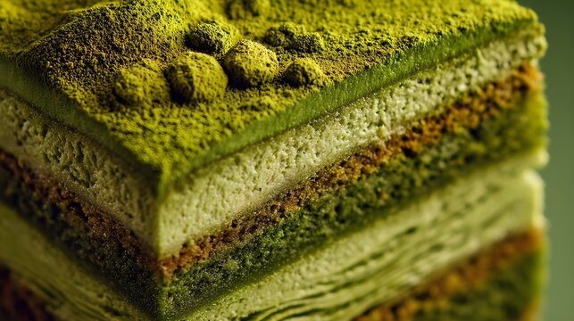 close up texture layers abd powdered green matcha topping on matcha cake 