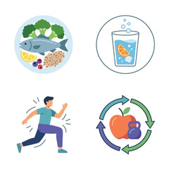 Fototapeta premium Healthy Lifestyle Icons Featuring Nutrition Balanced Diet Fresh Water Hydration Daily Physical Exercise Routine and Fitness Wellness Habits