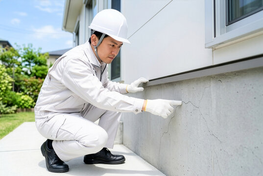 住宅基礎巾木のひび割れを点検する住宅診断士、ホームインスペクターによるクラック調査・住宅診断・住宅メンテナンス・耐震点検イメージ