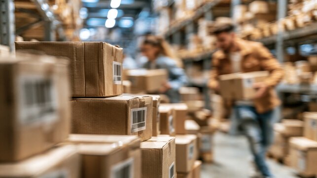 Close-up view of stacked cardboard boxes with barcode labels in busy warehouse environment with workers organizing and handling packages in background