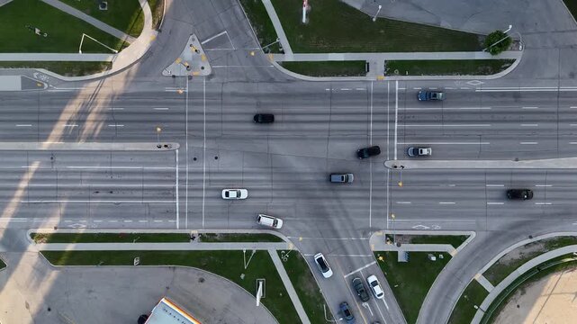 Drone aerial of a Winnipeg intersection, Manitoba, Canada ascending to reveal more roadway, cars, traffic lights, sidewalks, grass areas, and surrounding buildings.