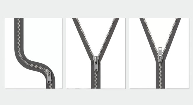 Close-up of metallic zipper teeth and sliders forming an abstract vertical composition.