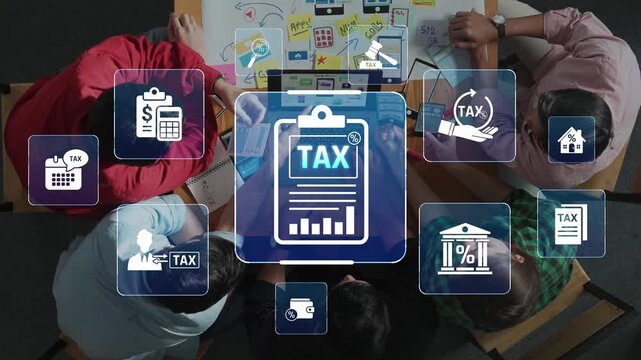 A dynamic meeting scene showcasing a team engaged in tax planning, utilizing visual aids and charts for effective financial analysis and strategic decision-making. Raster