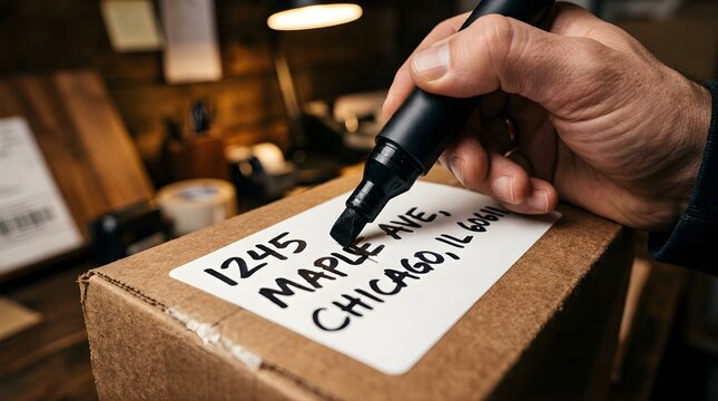 Person writing a mailing address on a cardboard shipping box in office