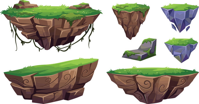 Floating Island Vector Asset Pack with Green Grass and Rocky Cliffs for Fantasy Video Games, Cartoon Backgrounds, and UI Design