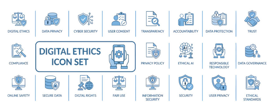 Professional digital ethics and data privacy icon collection for corporate compliance systems