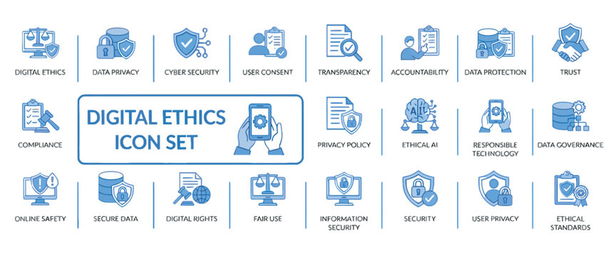 Comprehensive digital ethics icon set for data privacy, cybersecurity, and responsible technology
