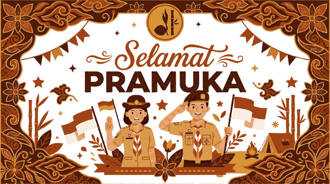 Celebratory vector illustration featuring two young scouts in traditional uniforms surrounded by decorative batik patterns with celebration