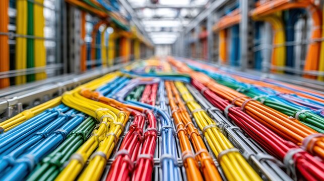 Close-up of colorful organized electrical cable wiring inside an industrial server room showing blue yellow red orange and gray wires neatly arranged for technology infrastructure connectivity