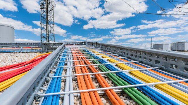 Outdoor installation of organized multicolored electrical cables in protective metal tray under clear blue sky with clouds on industrial rooftop