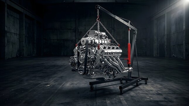 Shiny V8 engine suspended on a hoist in a dark industrial garage