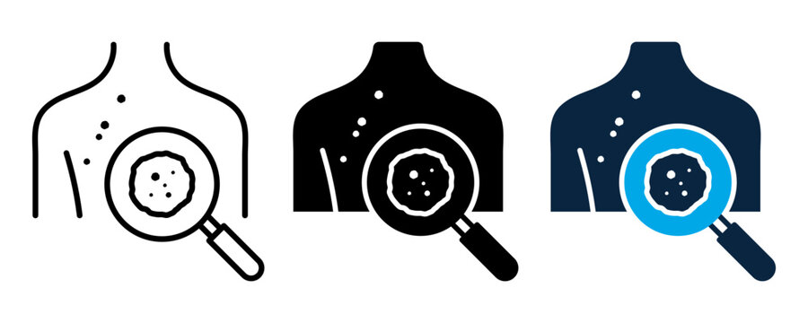 Dermatology Skin Cancer Screening icons set showing suspicious moles on body examined through magnifying glass.