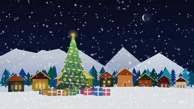 Christmas tree and festive snowy village scene at night, time-lapse day to night animation