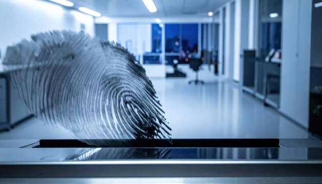 Large abstract 3D fingerprint scan emerging from a digital surface in a modern blue-toned office environment symbolizing biometric security and data privacy.