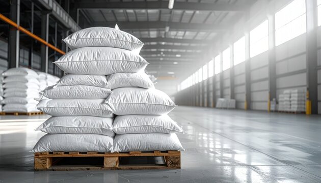 Large stack of white sacks filled with goods neatly arranged on a wooden pallet in a brightly lit modern industrial warehouse setting