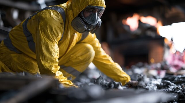 Worker in yellow protective suit and gas mask carefully inspecting and handling hazardous waste materials in industrial environment with blurred background and safety focus