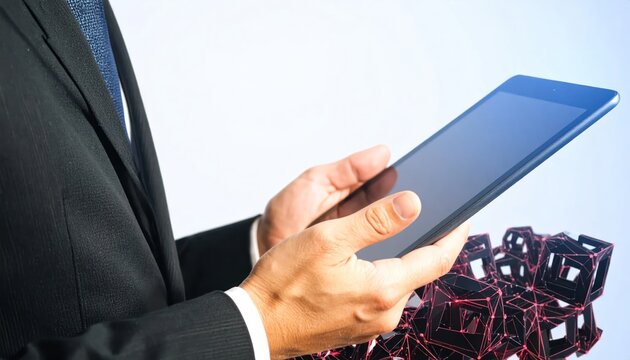 Professional businessman holds a digital tablet interacting with a futuristic 3D rendered network of glowing red cubes symbolizing data and blockchain technology.