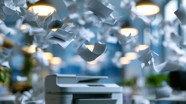Office printer ejecting numerous sheets of paper rapidly flying in multiple directions inside modern workplace environment with blurred background and ceiling lights