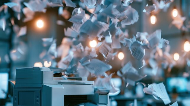 High-speed office printer ejecting a large amount of paper sheets flying chaotically in a modern workspace with bright hanging lights in blurred background