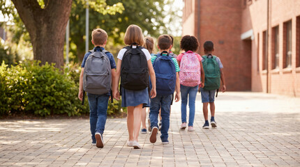 Obraz premium Child backpack sidewalk outdoor class first day back to school joy. 1st day school education. happy children student classroom, childhood friendship study learning