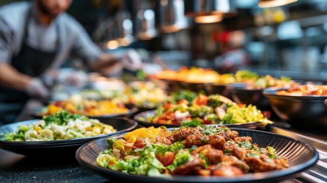Close-up of diverse delicious cooked food dishes served in black plates on counter with chef preparing meals in background at modern restaurant kitchen