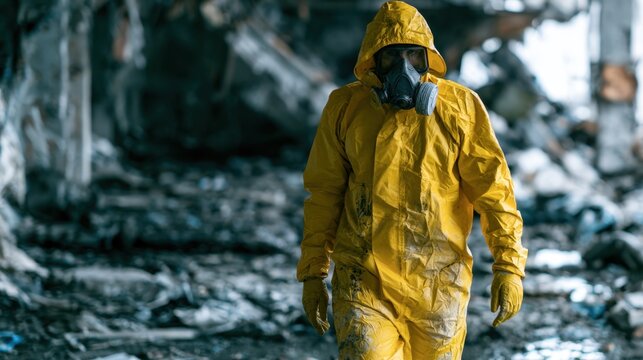 Person wearing protective yellow hazmat suit and gas mask walking through industrial site with debris and dark background for hazardous environment safety concept