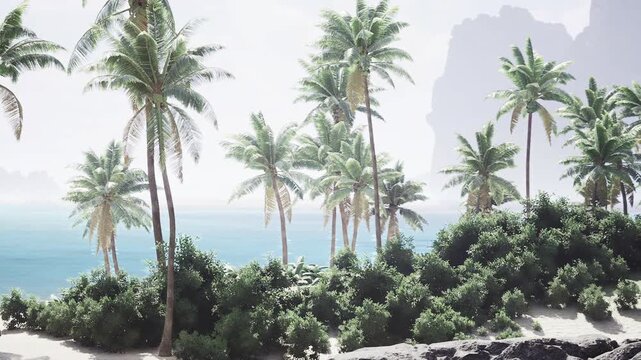 Mist cloaked palms standing along muted coastline, soft pastel tones and gentle swell, quiet contemplative atmosphere, subdued light creating peaceful mauritius