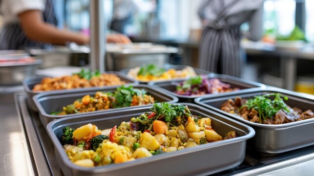 Close-up of freshly prepared healthy vegetable meal with broccoli carrot cauliflower and herbs in food container on kitchen countertop with blurred chef background