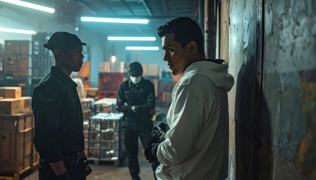 Two serious men in dark clothing and a white hoodie stand in a dimly lit warehouse engaged in a tense discussion under artificial lights.