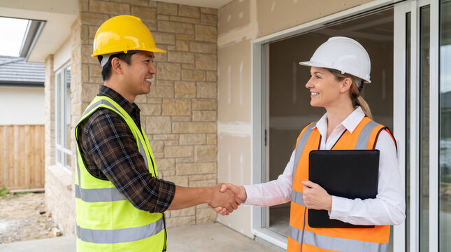 Real estate deal handshake contractor handshake agreement outdoor construction site partnership. Home property mortgage investment. agent broker client partnership, contract meeting success