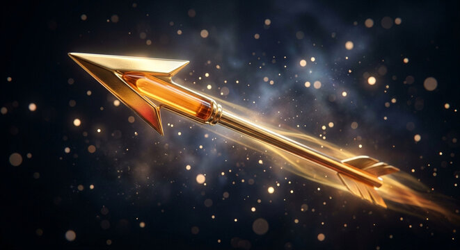 A golden arrow flying through dark space with glowing particles and light trails.