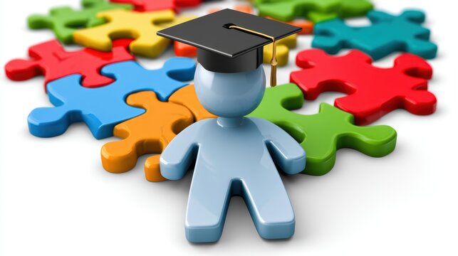 Conceptual image of a human figure wearing a graduation cap standing in front of colorful scattered puzzle pieces symbolizing education achievement problem solving and knowledge