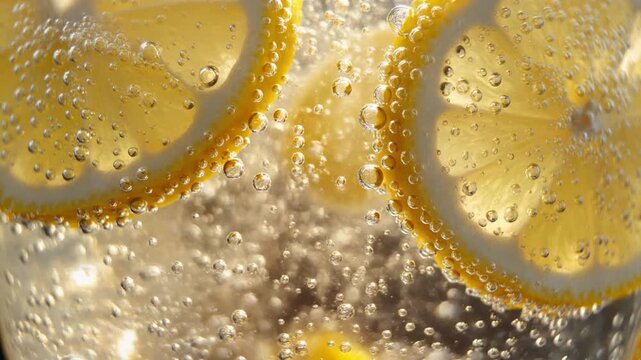 A crisp, refreshing close-up of vibrant lemon slices submerged in sparkling carbonated water, filled with rising effervescent bubbles for a cool, summer drink feel.