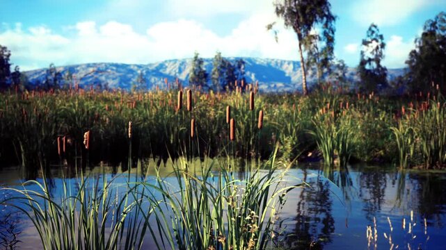 Sunlit cattail marsh with pond and mountains, calm reflective water, tall reeds in foreground, clear blue sky, distant alpine ridge, serene atmosphere suitable