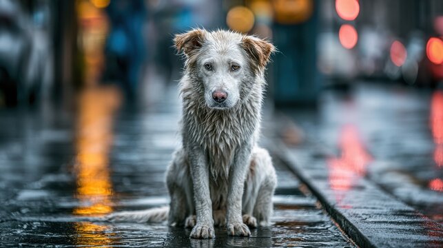 Wet dog sitting on city street pavement with reflection of lights and blurred urban background during rainy weather, lonely animal in outdoor environment