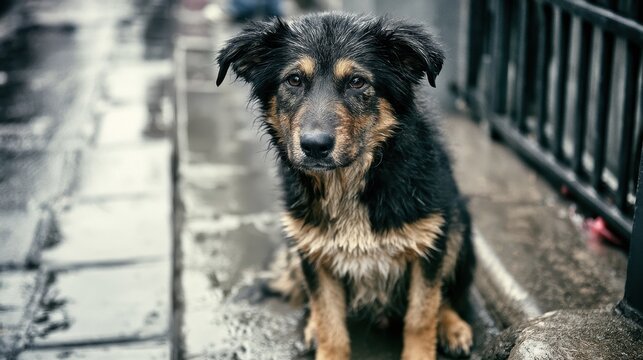 Sad wet dog sitting on wet pavement next to metal fence looking at camera with soulful eyes in rainy outdoor urban environment on gloomy day