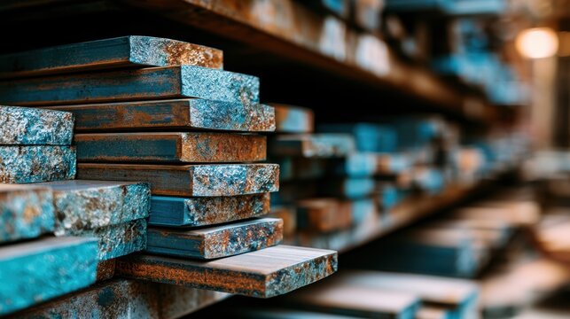 Rusty metal rectangular bars stacked on each other in storage with shallow depth of field urban industrial scene showing aged steel texture and corrosion