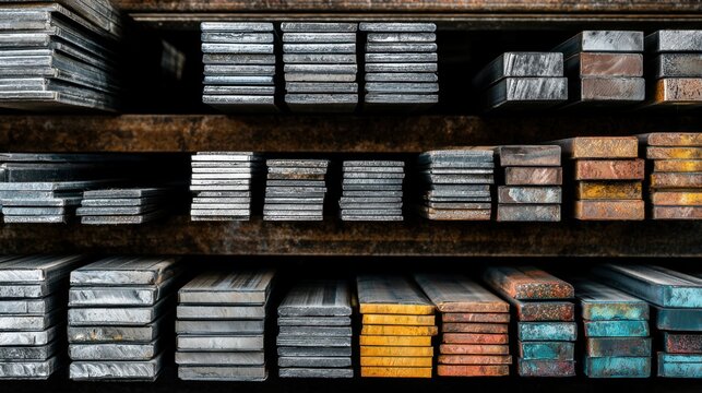 Industrial metal storage with organized rectangular steel bars and plates arranged on rustic shelves in warehouse or factory environment