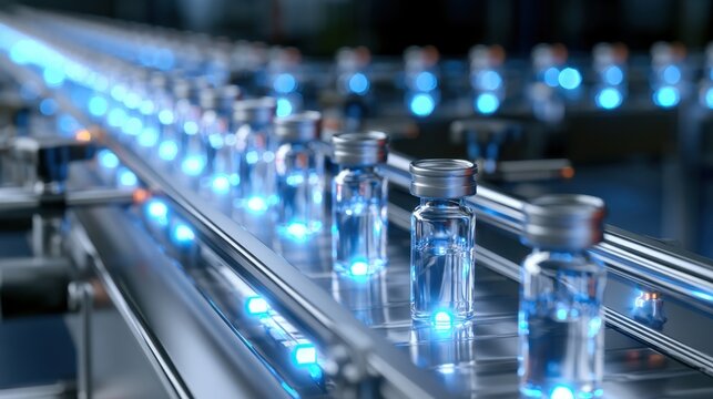 Close-up view of clear liquid-filled glass bottle with metallic cap moving along automated conveyor belt in sterile modern pharmaceutical production facility manufacturing vial container