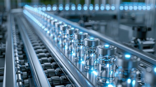 Automated pharmaceutical production line with glass vial containers moving on metallic conveyor belt in modern factory environment with blue LED lighting