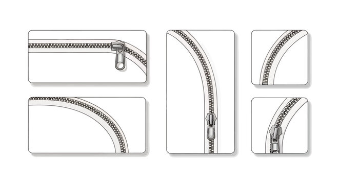 Close-up collage of zipper components and zipper pull tabs in vector illustration.